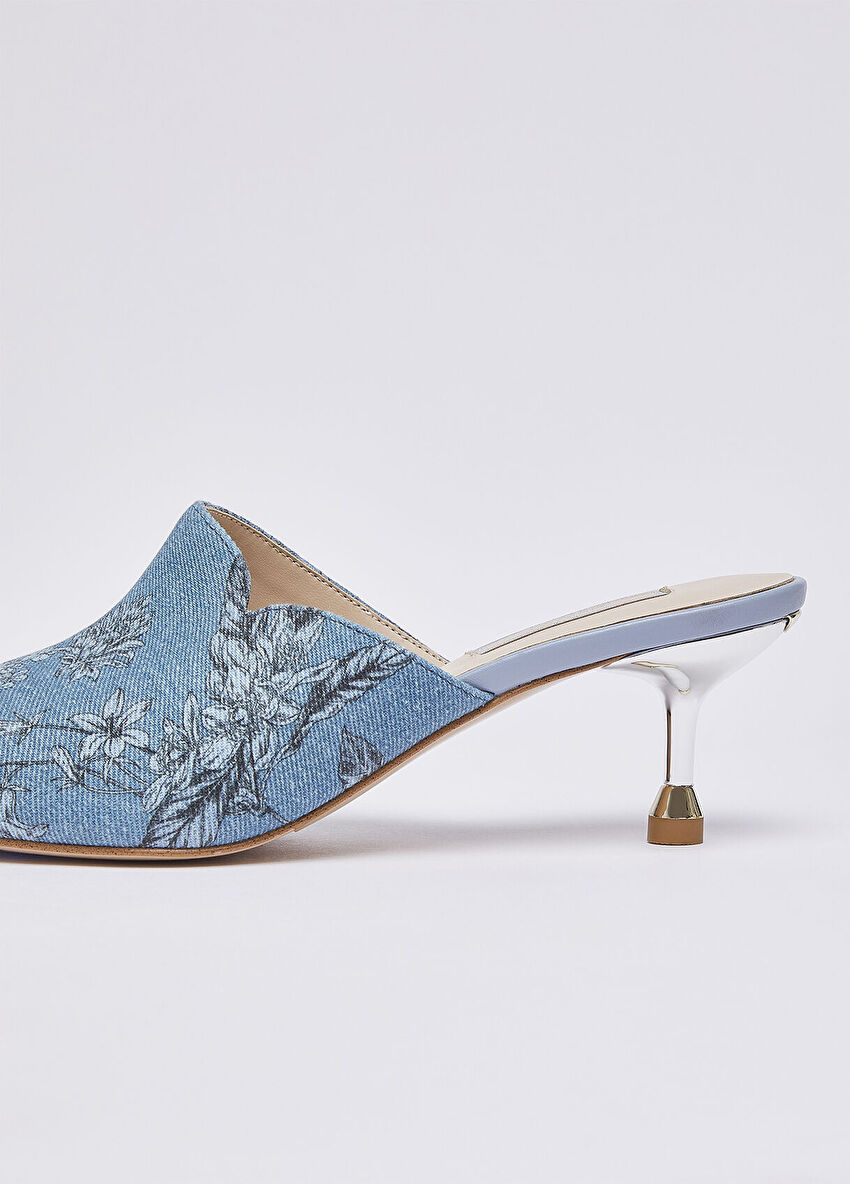 Açık Mavi Çiçek Baskılı Denim Sabot