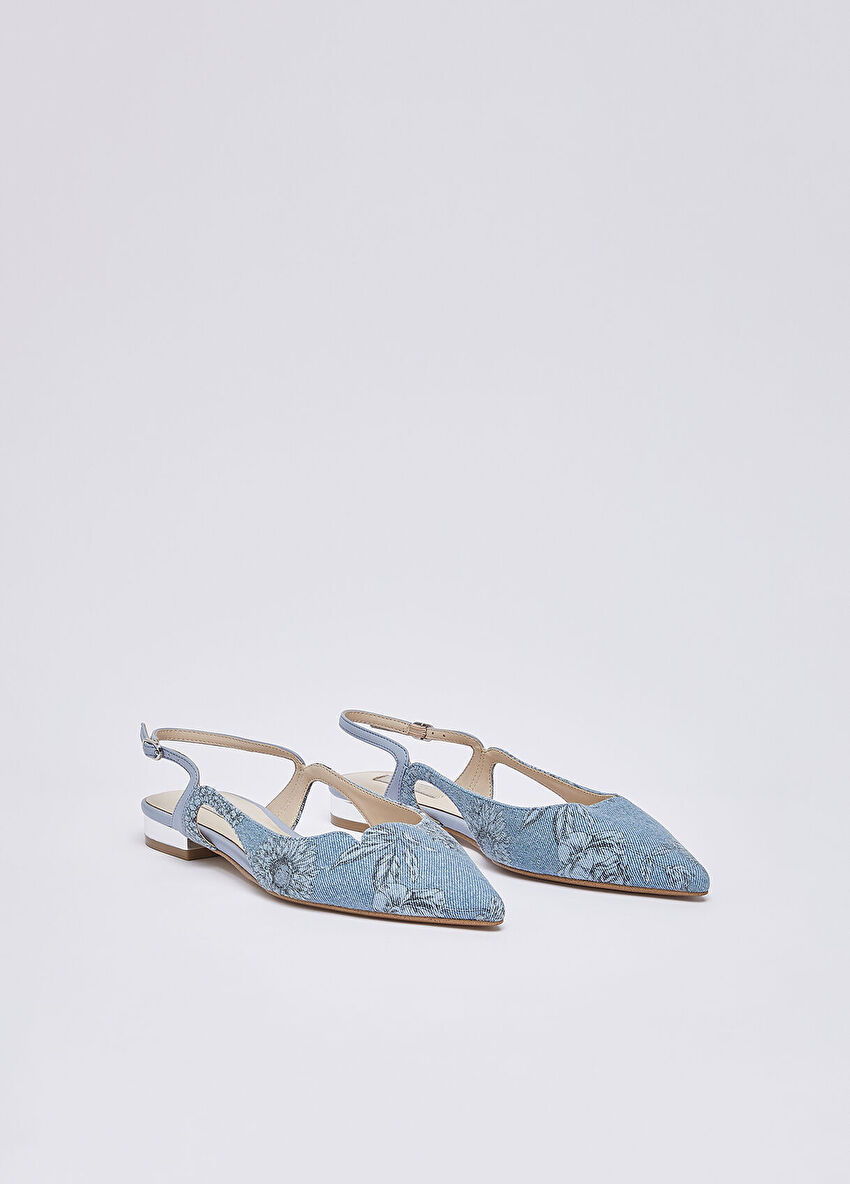 Açık Mavi Çiçek Baskılı Denim Slingback