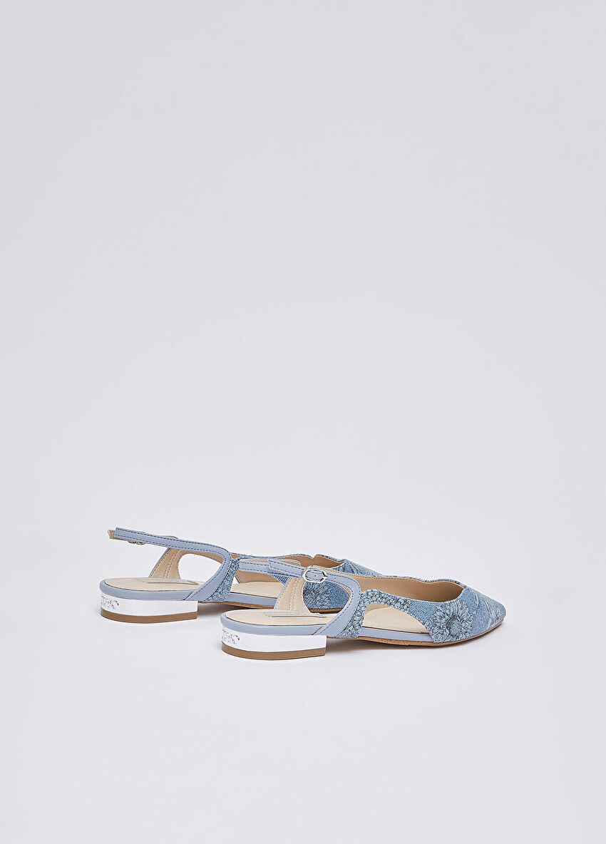 Açık Mavi Çiçek Baskılı Denim Slingback