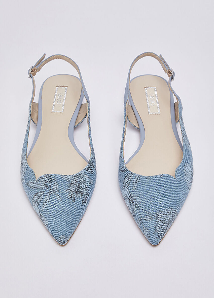 Açık Mavi Çiçek Baskılı Denim Slingback