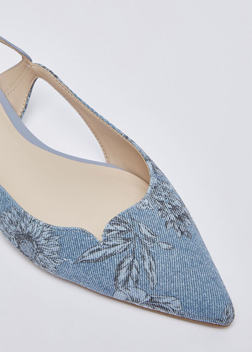 Açık Mavi Çiçek Baskılı Denim Slingback