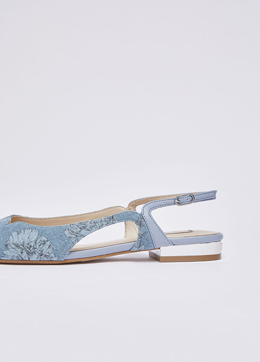 Açık Mavi Çiçek Baskılı Denim Slingback
