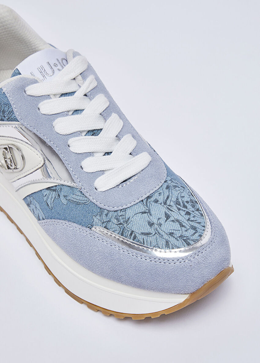 Denim Çiçek Baskılı Süet Sneaker