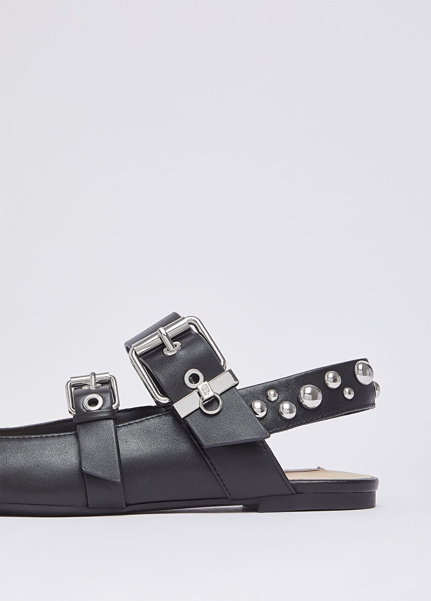 Siyah Stud Detaylı Deri Slingback