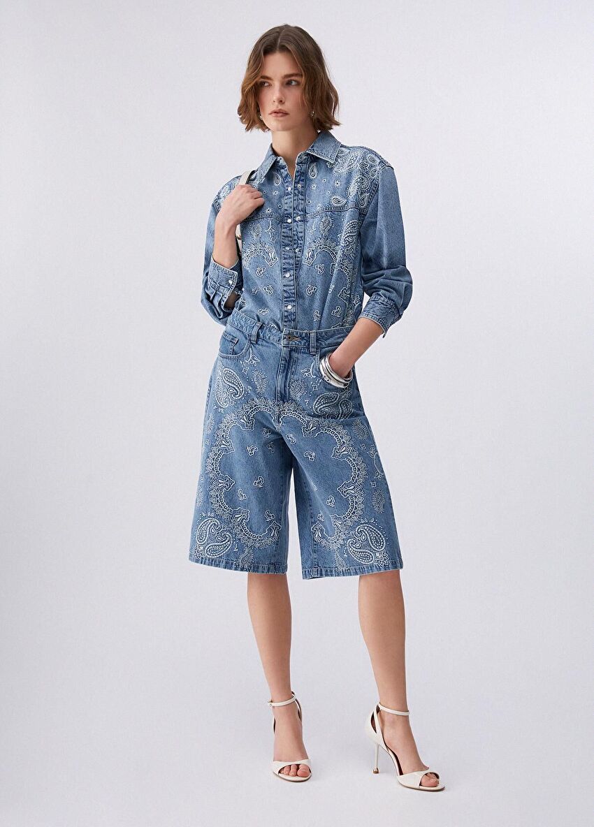 Mavi Işlemeli Denim Bermuda
