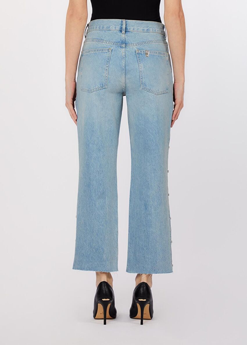 Mavi Yırtmaçlı Düz Kesim Pantolon