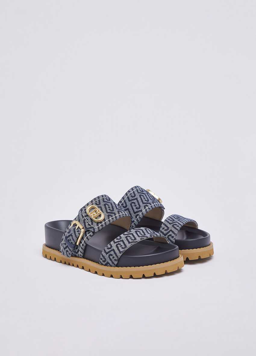 Koyu Mavi Monogram Denim Sandalet