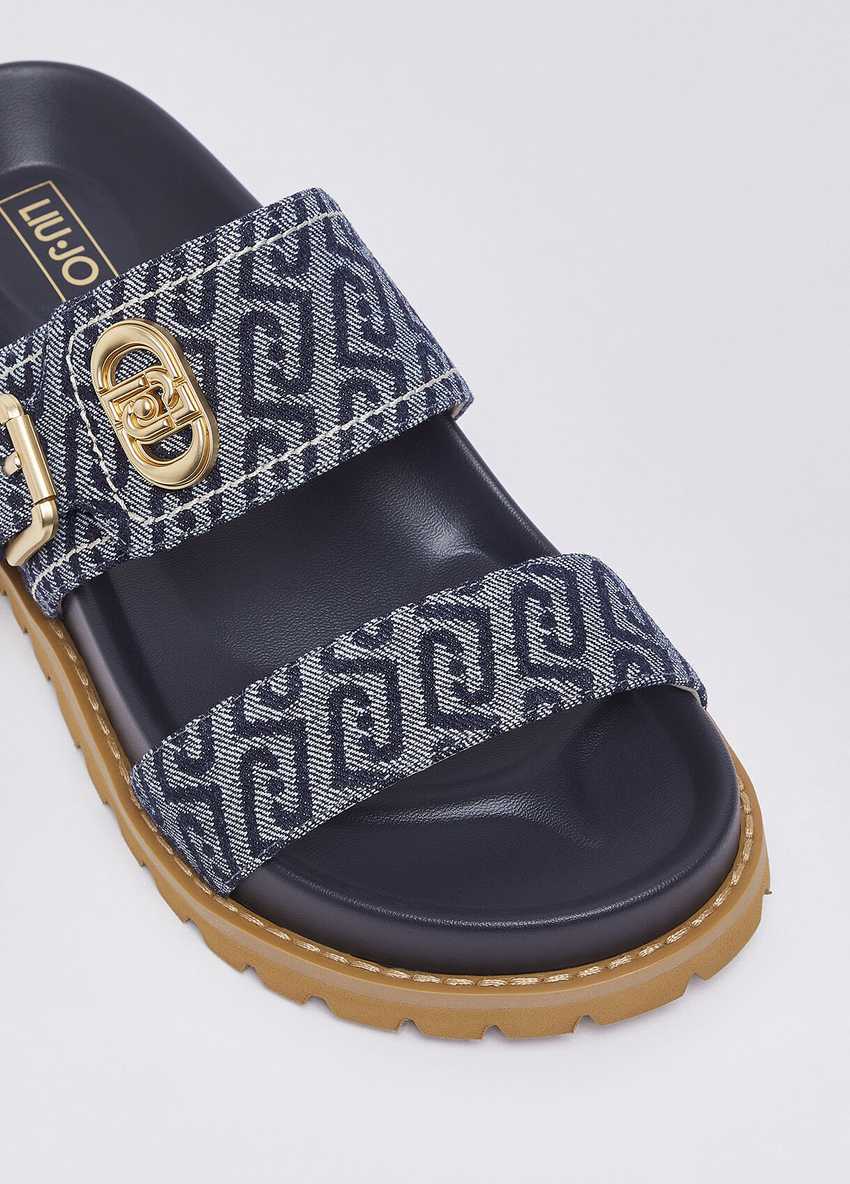Koyu Mavi Monogram Denim Sandalet