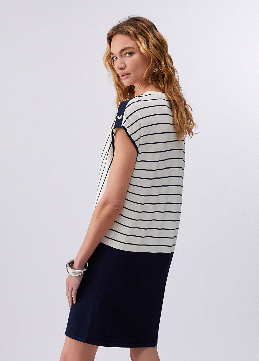 Beyaz / Mavi Triko Elbise