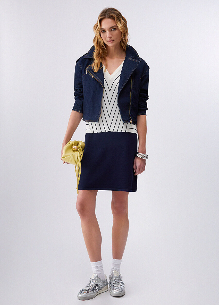 Beyaz / Mavi Triko Elbise