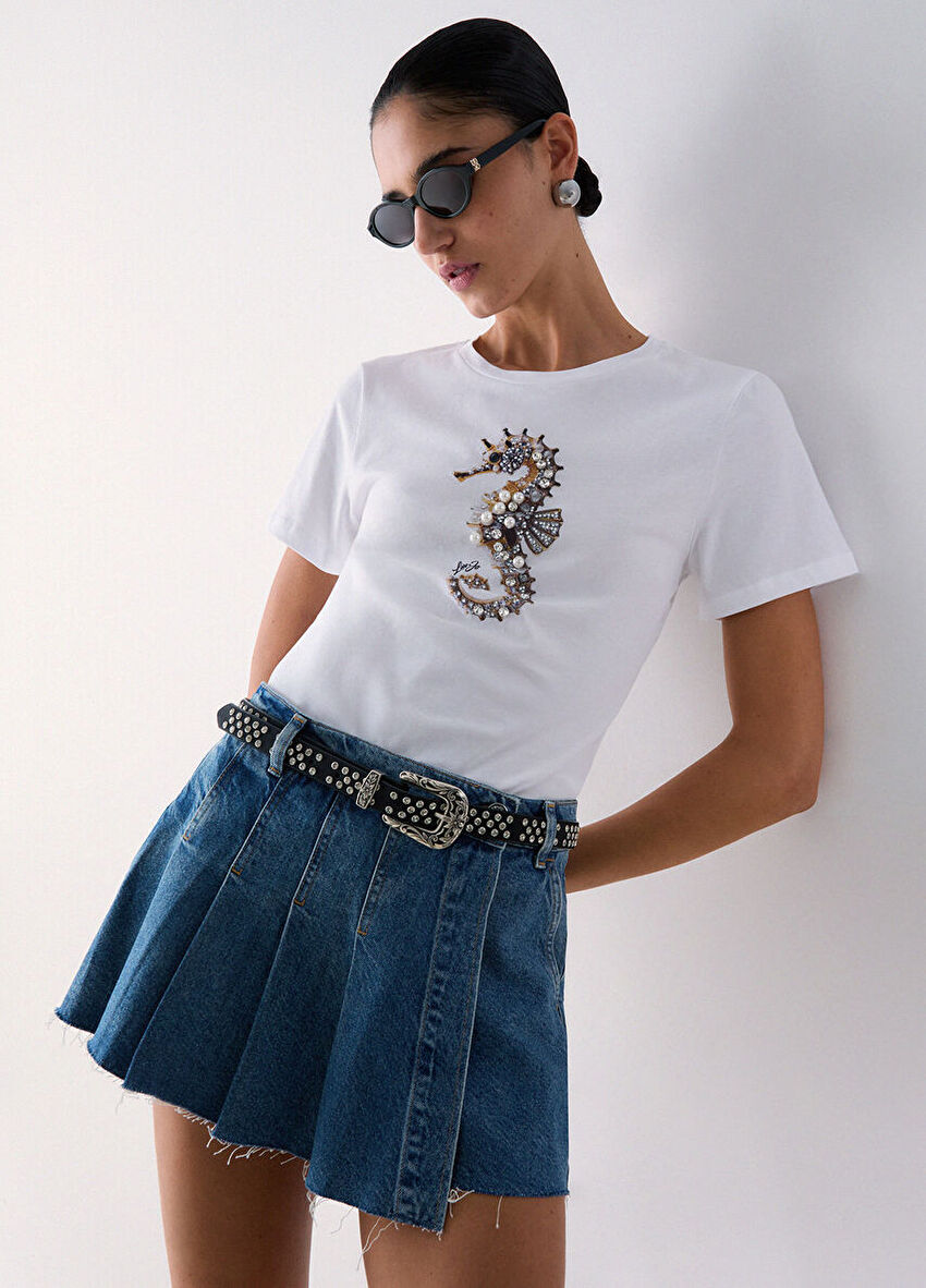 Beyaz Kısa Kollu Moda Tişört