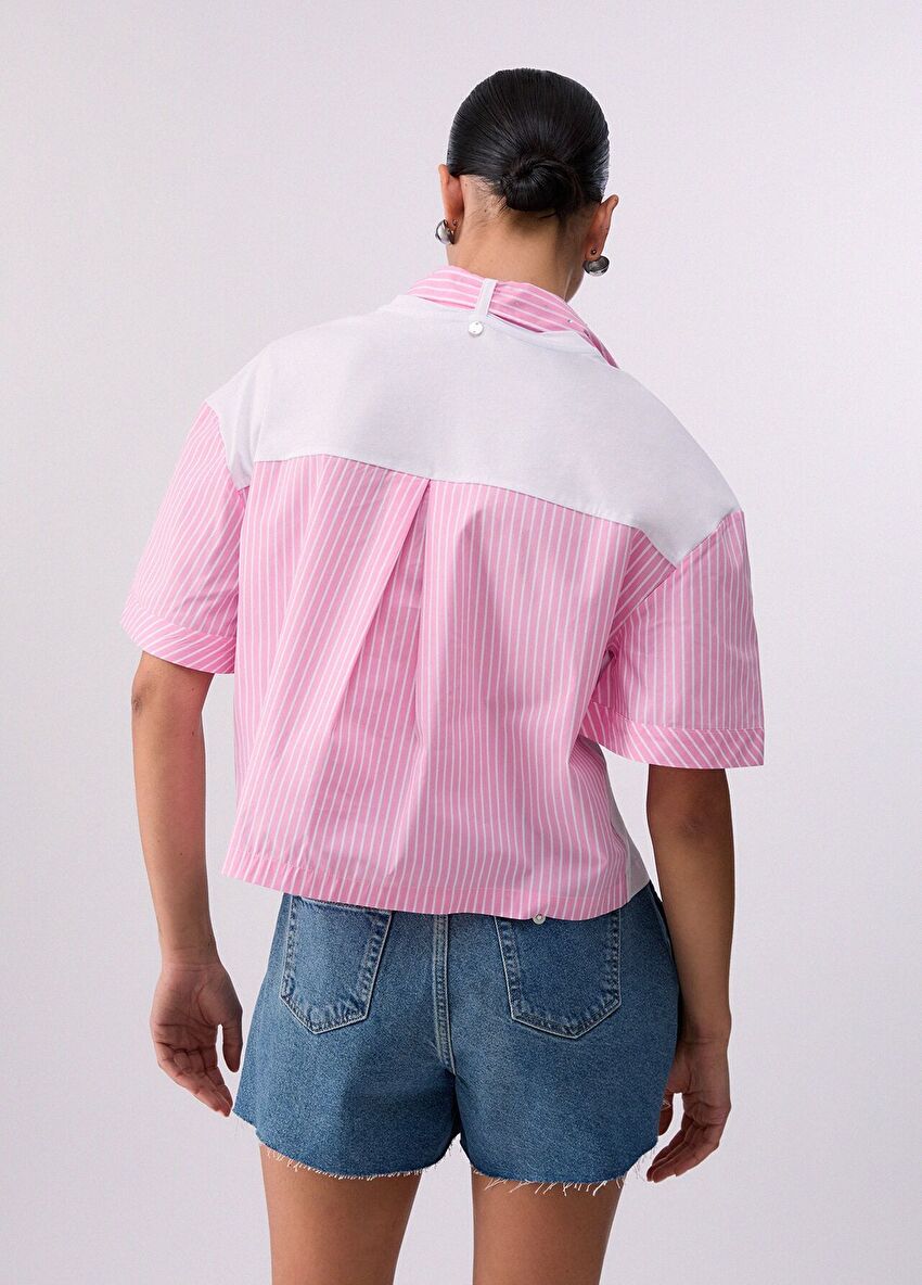 Beyaz / Pembe Kısa Kollu Moda Tişört