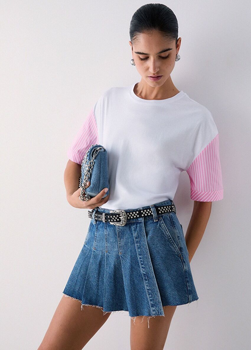 Beyaz / Pembe Kısa Kollu Moda Tişört