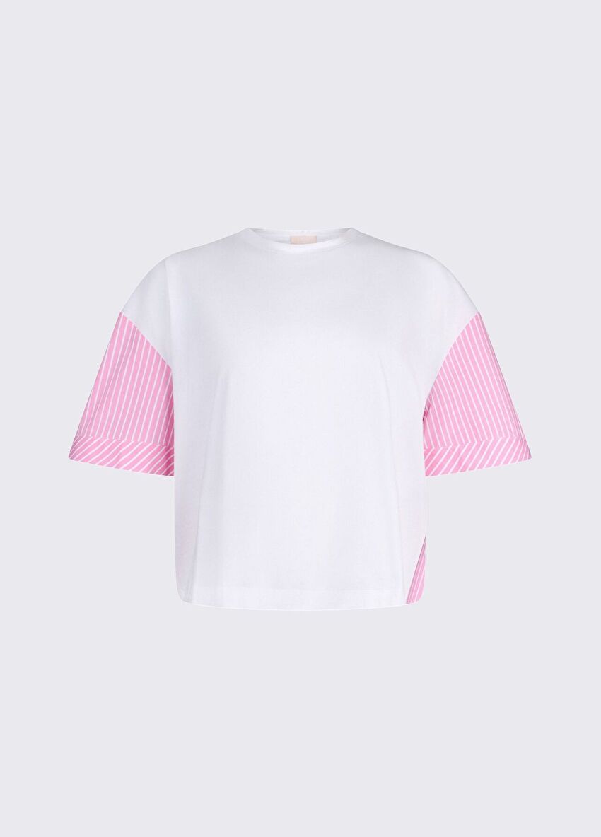 Beyaz / Pembe Kısa Kollu Moda Tişört