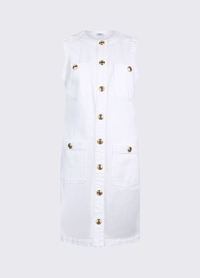 Beyaz Düğmeli Elbise