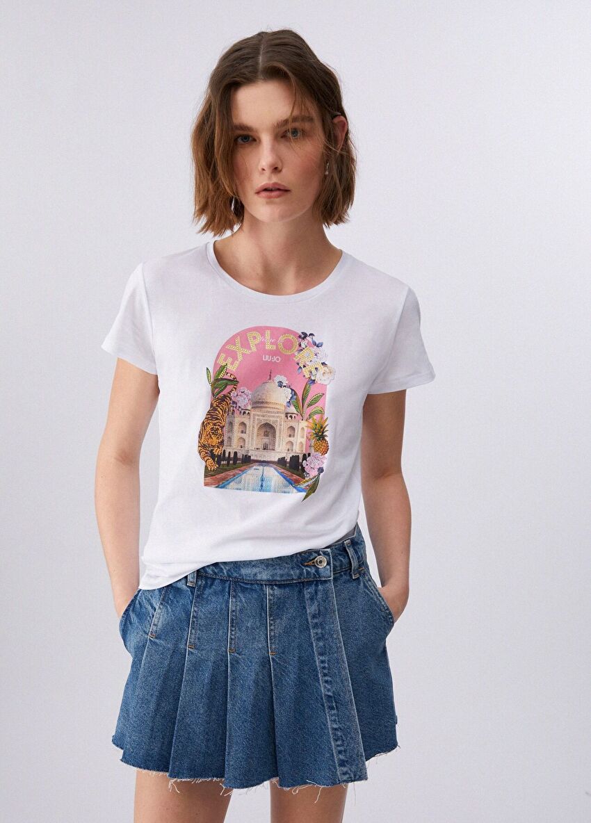 Beyaz Kısa Kollu Moda Tişört