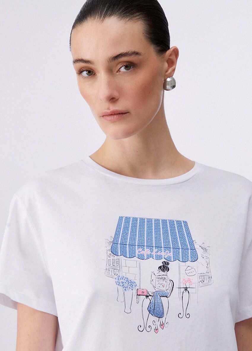 Beyaz Kısa Kollu Moda Tişört