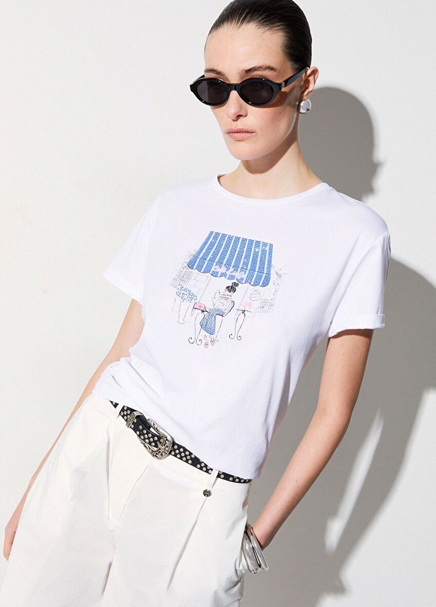 Beyaz Kısa Kollu Moda Tişört