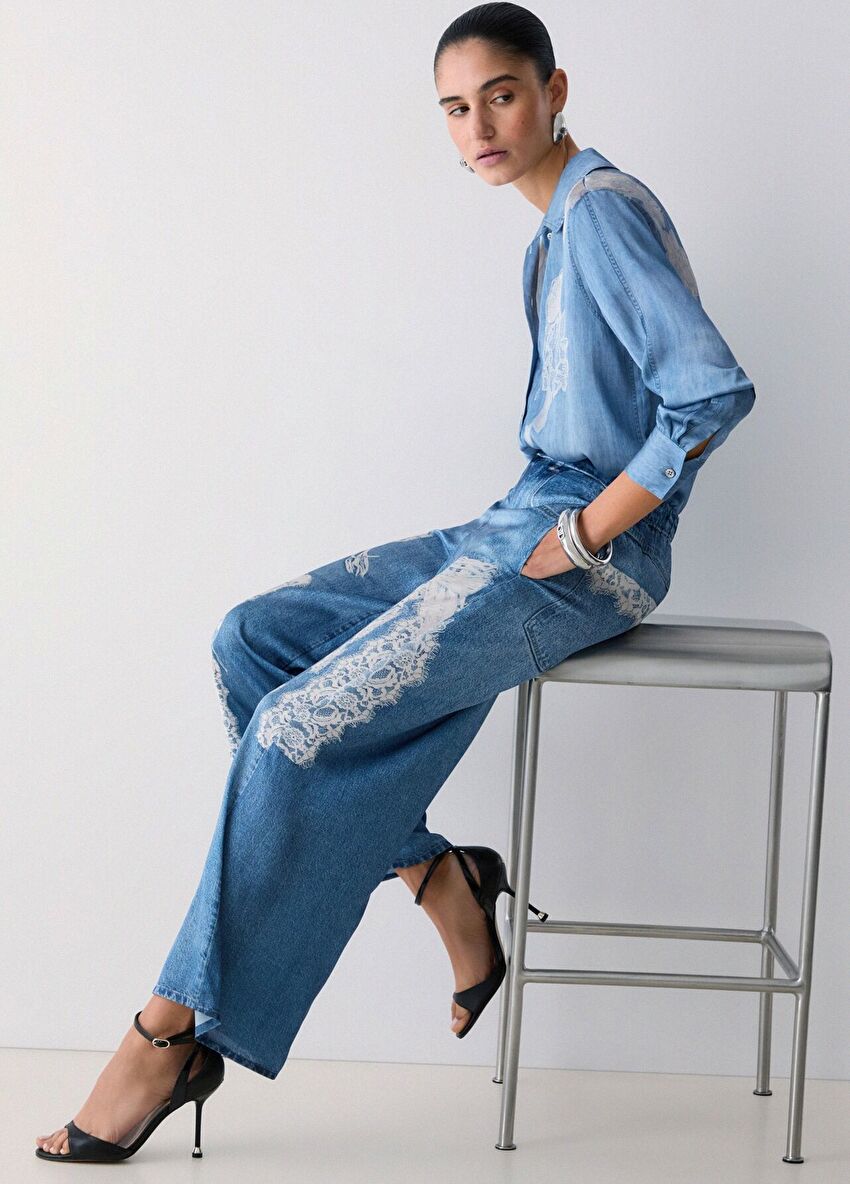 Mavi Dijital Baskılı Flare Pantolon