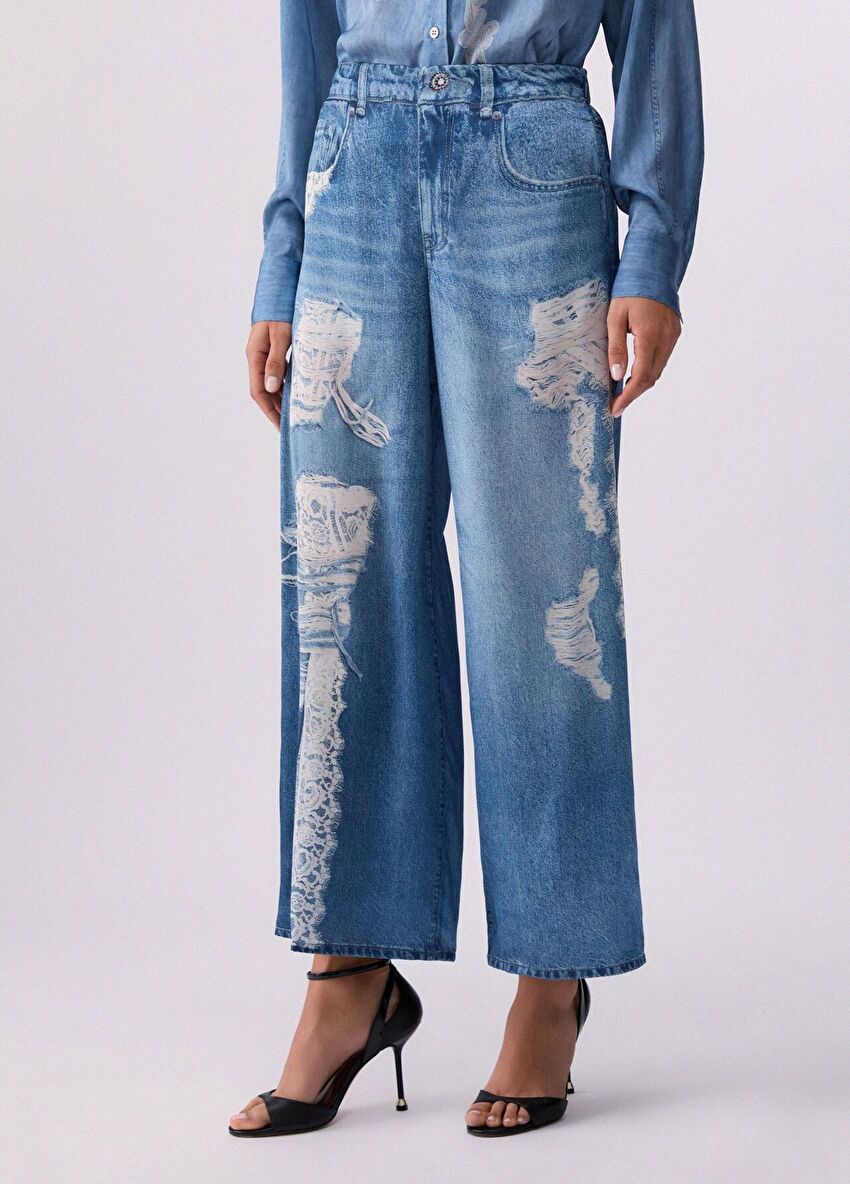 Mavi Dijital Baskılı Flare Pantolon