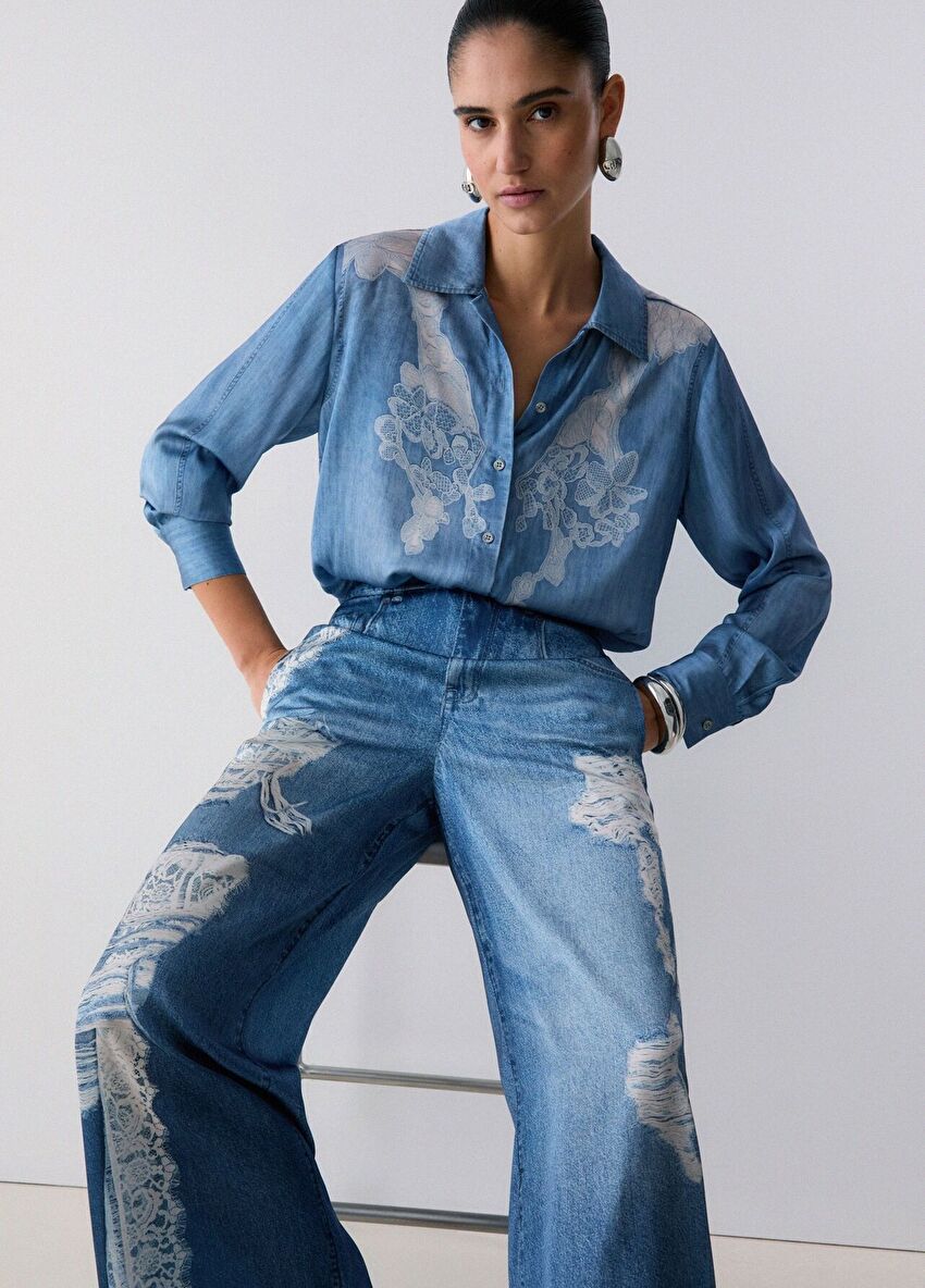 Mavi Dijital Baskılı Flare Pantolon