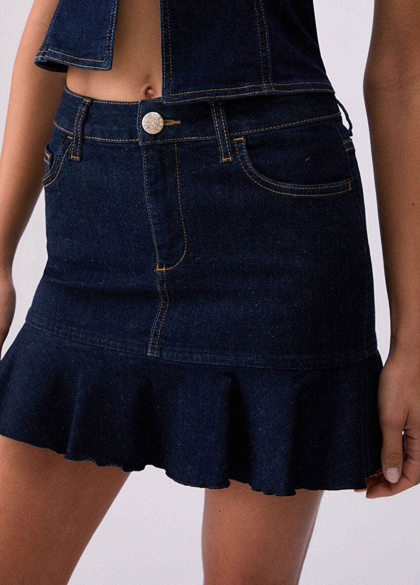 Mavi Volanlı Mini Etek