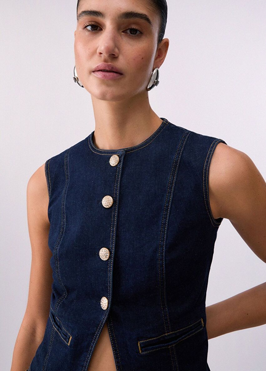 Mavi Şık Detaylı Yelek