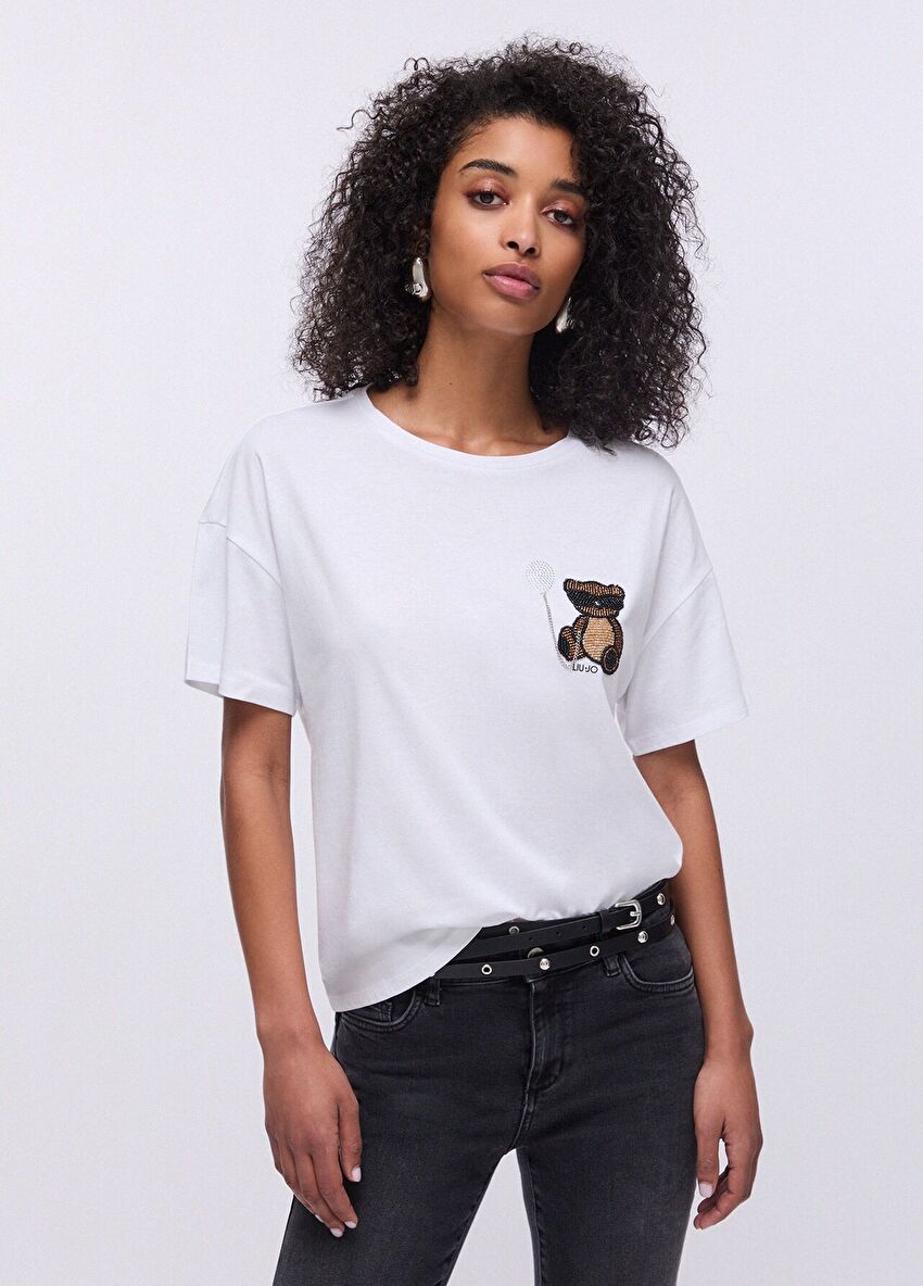 Beyaz Kısa Kollu Moda Tişört