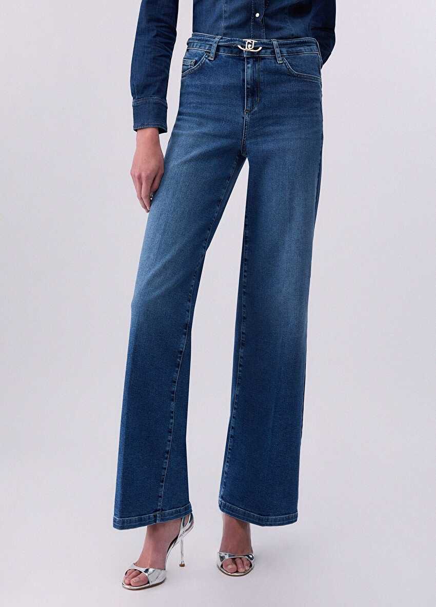Mavi Yüksek Bel Flare Denim Pantolon