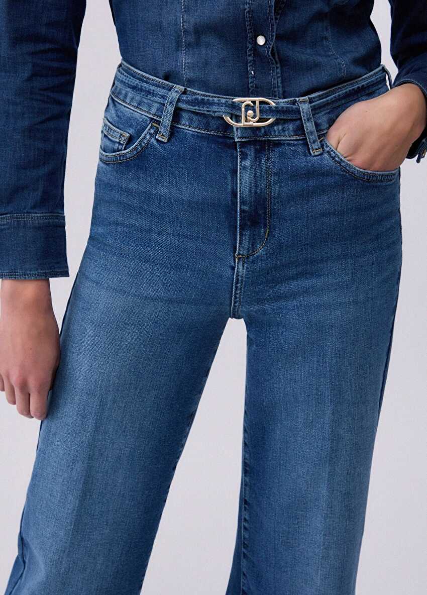 Mavi Yüksek Bel Flare Denim Pantolon