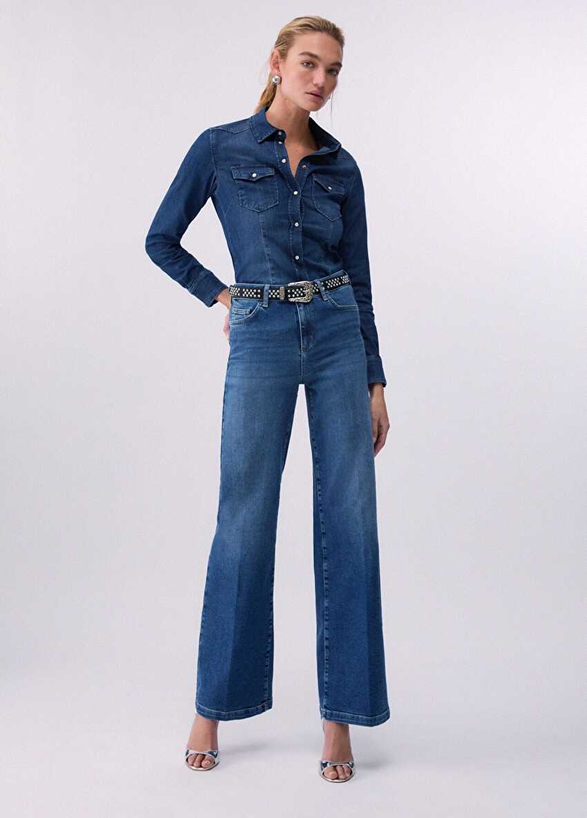 Mavi Yüksek Bel Flare Denim Pantolon