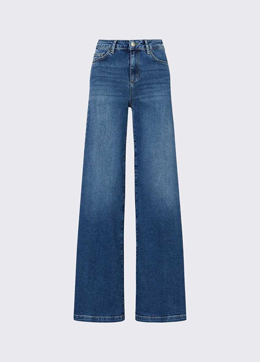 Mavi Yüksek Bel Flare Denim Pantolon