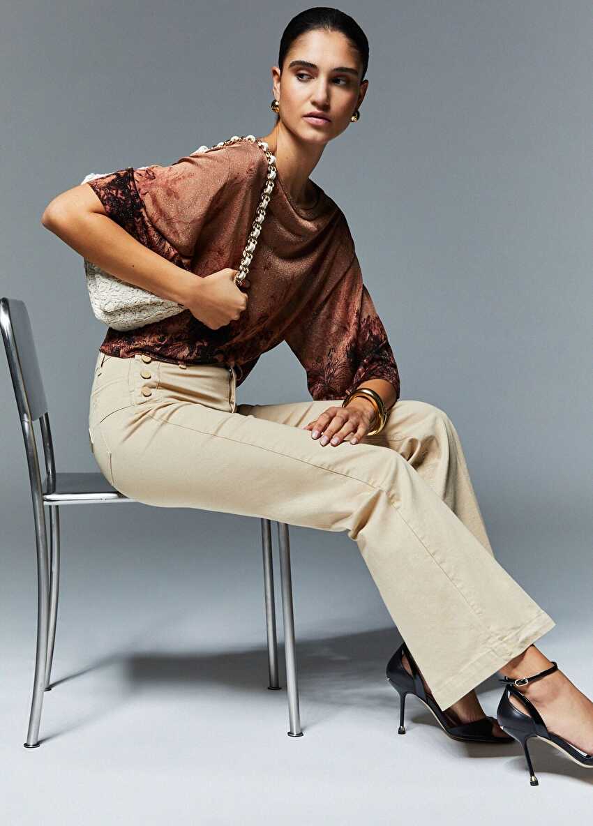 Bej / Krem Yüksek Bel Flare Denim Pantolon
