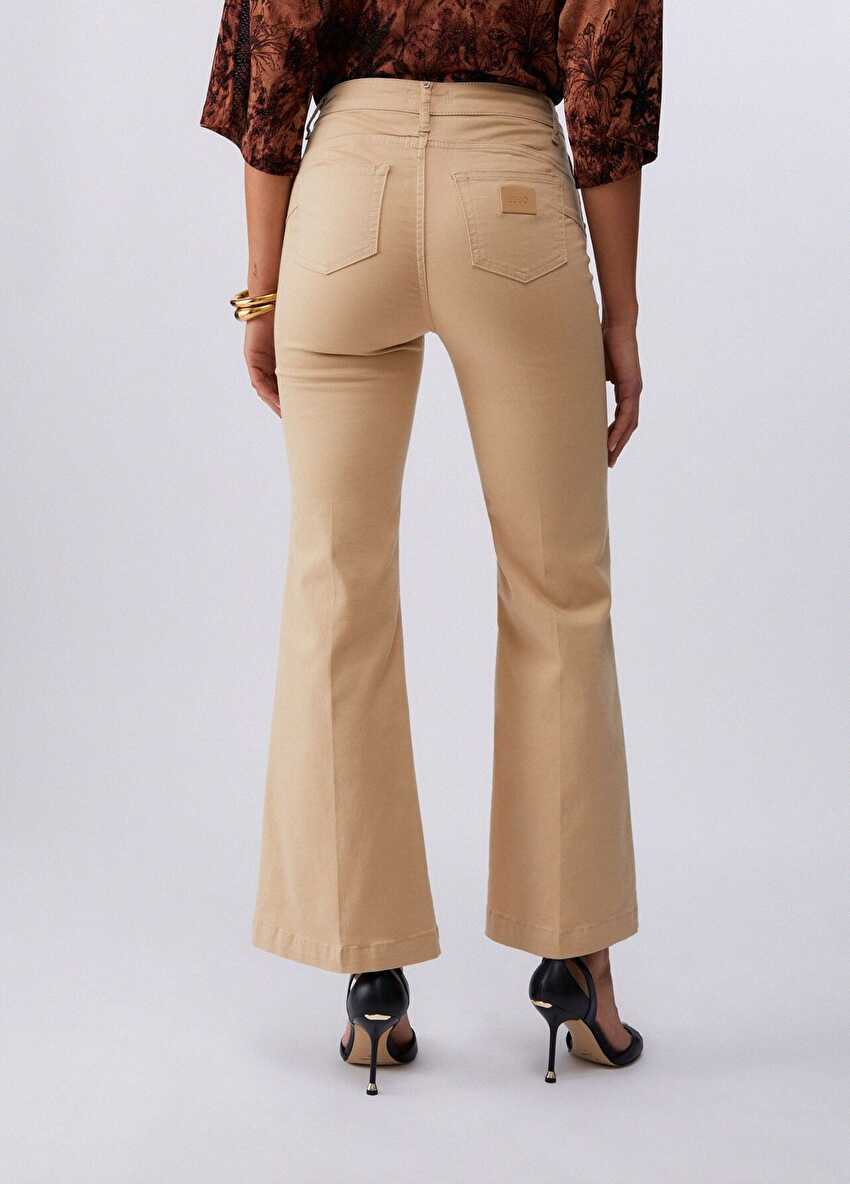 Bej / Krem Yüksek Bel Flare Denim Pantolon