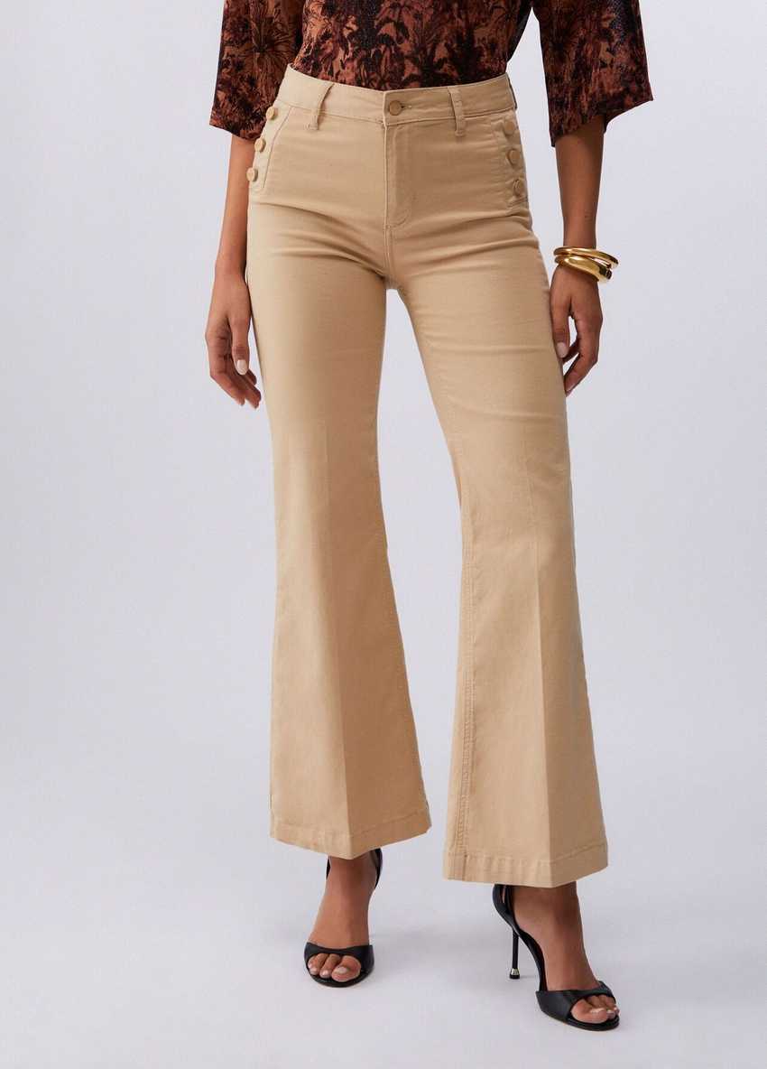 Bej / Krem Yüksek Bel Flare Denim Pantolon