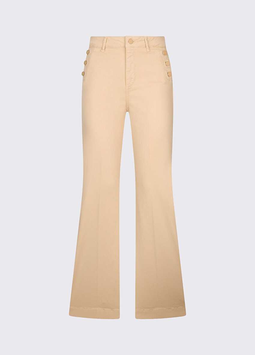 Bej / Krem Yüksek Bel Flare Denim Pantolon