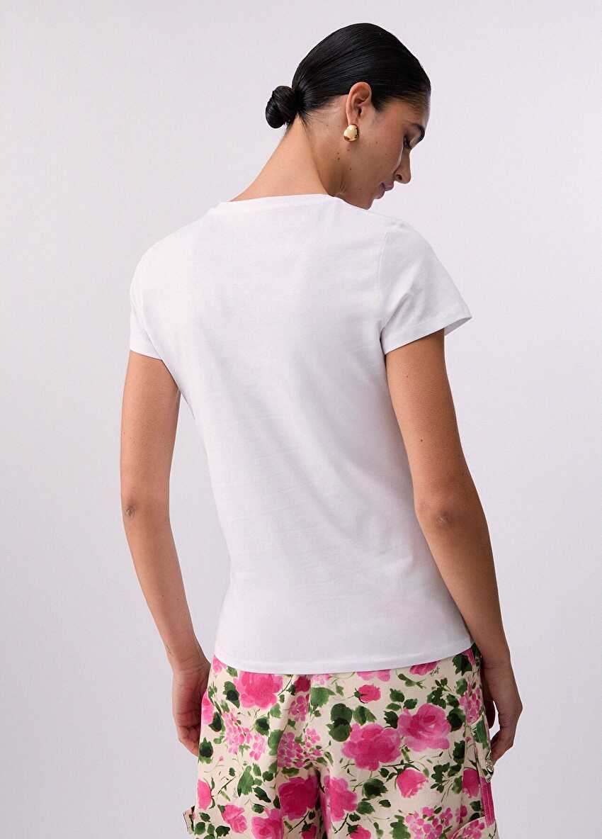 Beyaz / Pembe Kısa Kollu Moda Tişört