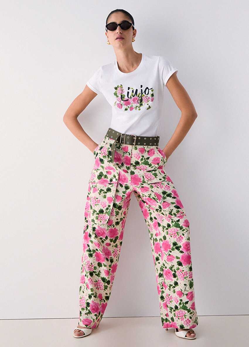 Beyaz / Pembe Kısa Kollu Moda Tişört