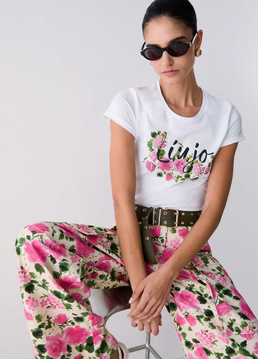 Beyaz / Pembe Kısa Kollu Moda Tişört
