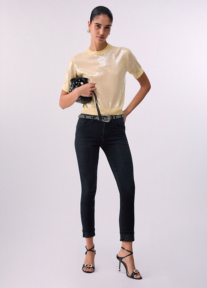 Taş İşlemeli Paça Detaylı Skinny Jean Pantolon