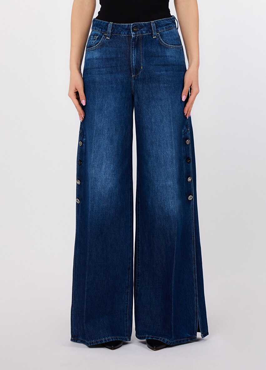 Düğme Detaylı Wide Leg Jean Pantolon