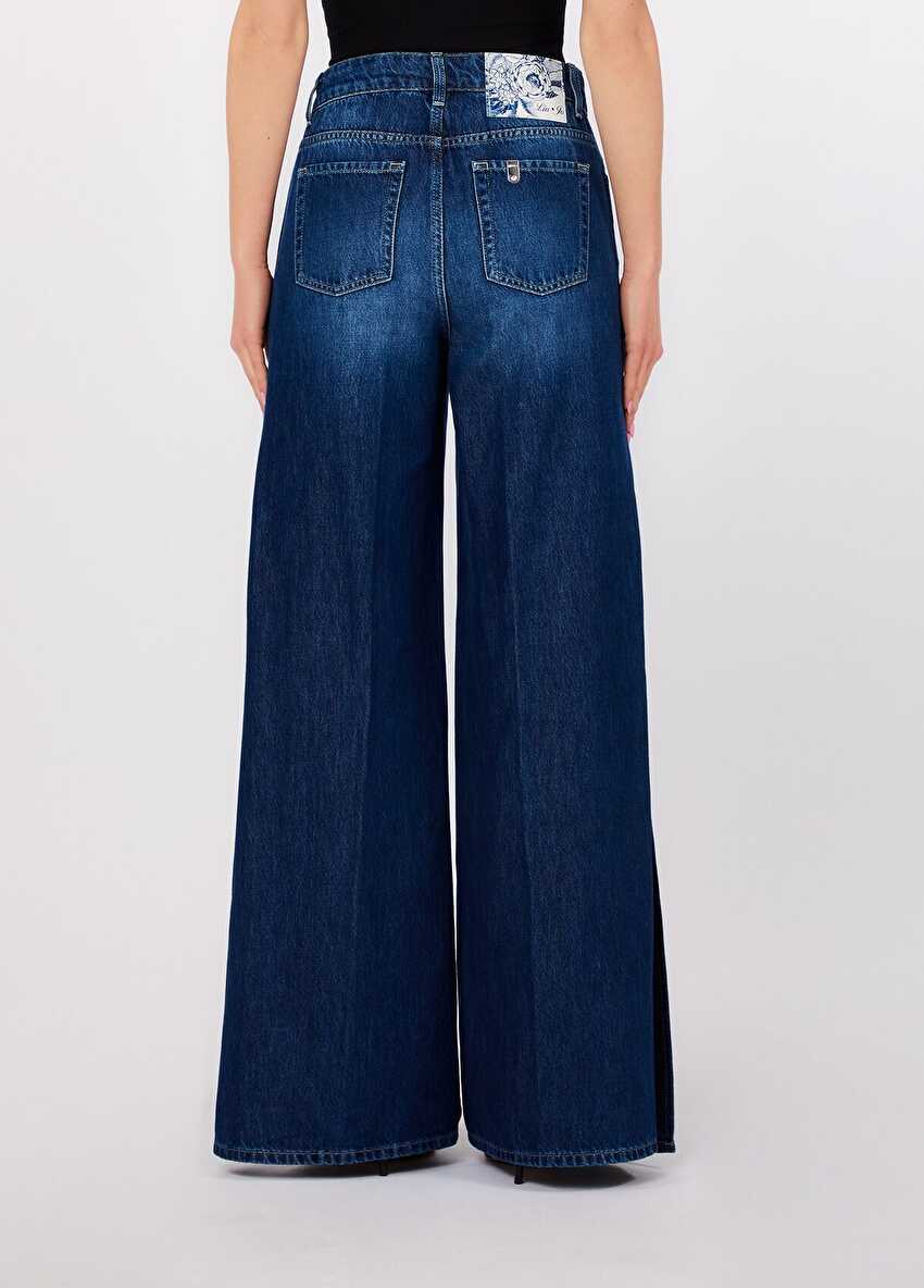 Düğme Detaylı Wide Leg Jean Pantolon