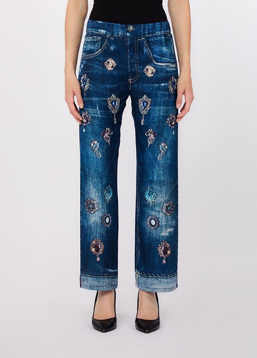 Dijital Taş Desenli Denim Pantolon