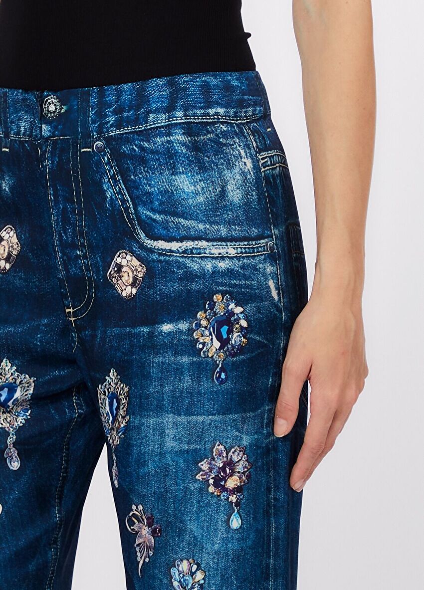 Dijital Taş Desenli Denim Pantolon