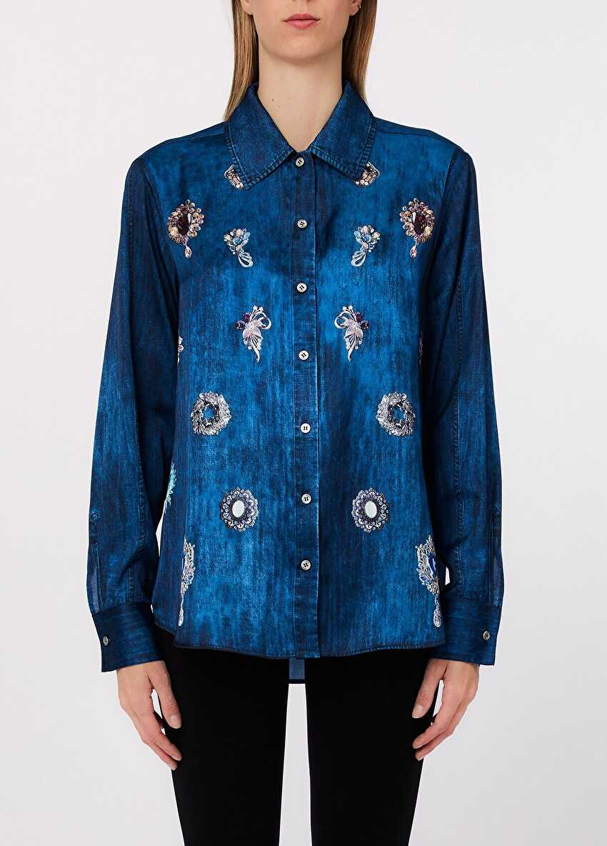 Baskılı Denim Gömlek