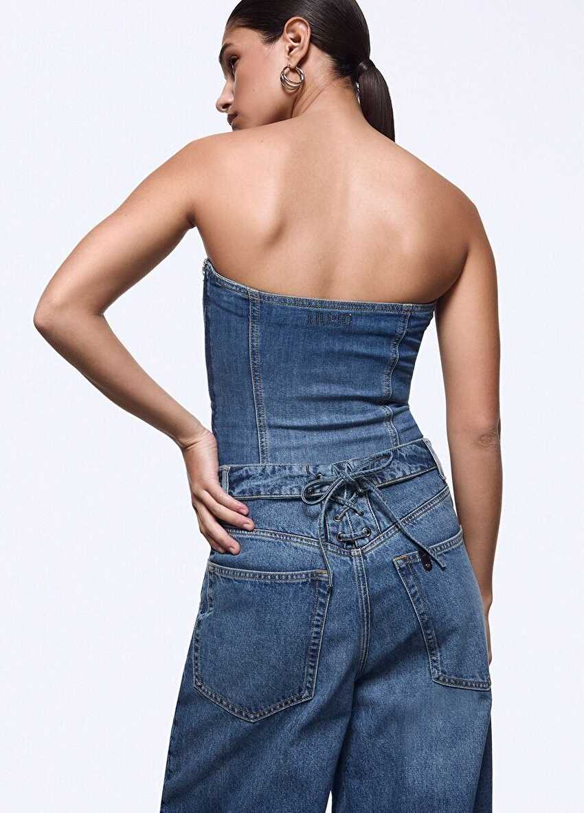 Bağcık Detaylı Denim Straplez Büstiyer