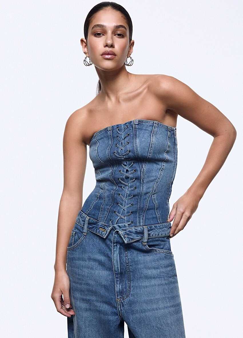 Bağcık Detaylı Denim Straplez Büstiyer