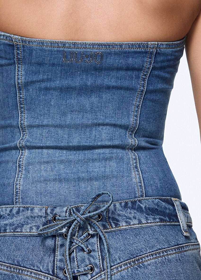 Bağcık Detaylı Denim Straplez Büstiyer