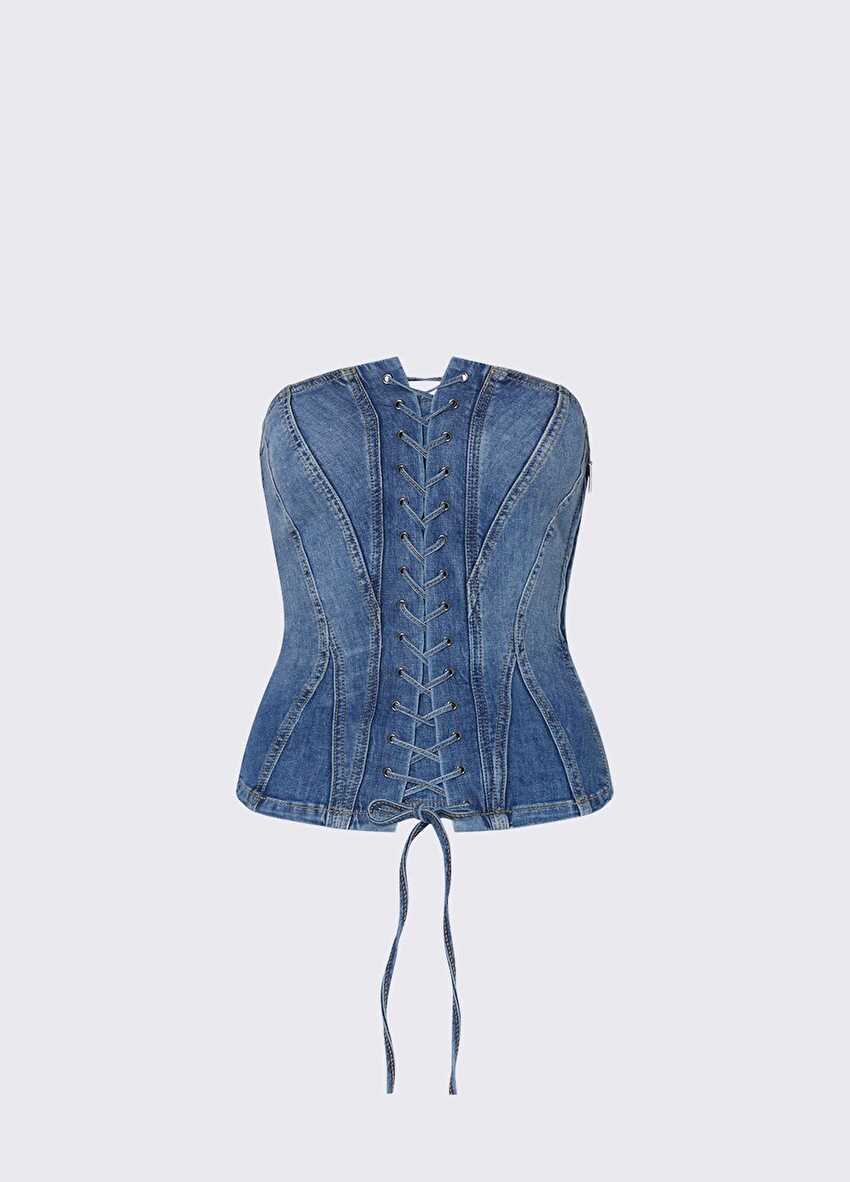 Bağcık Detaylı Denim Straplez Büstiyer