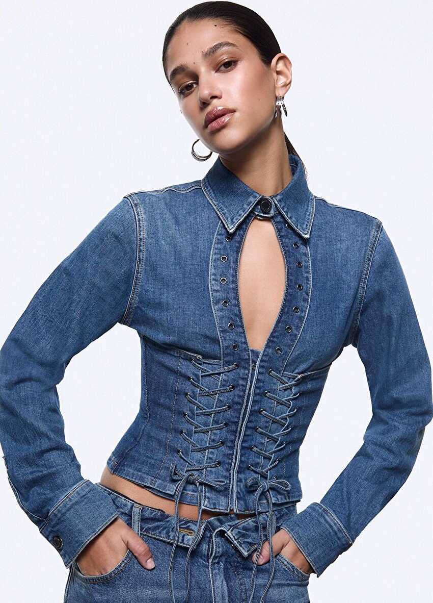 Bağcık Detaylı Denim Gömlek
